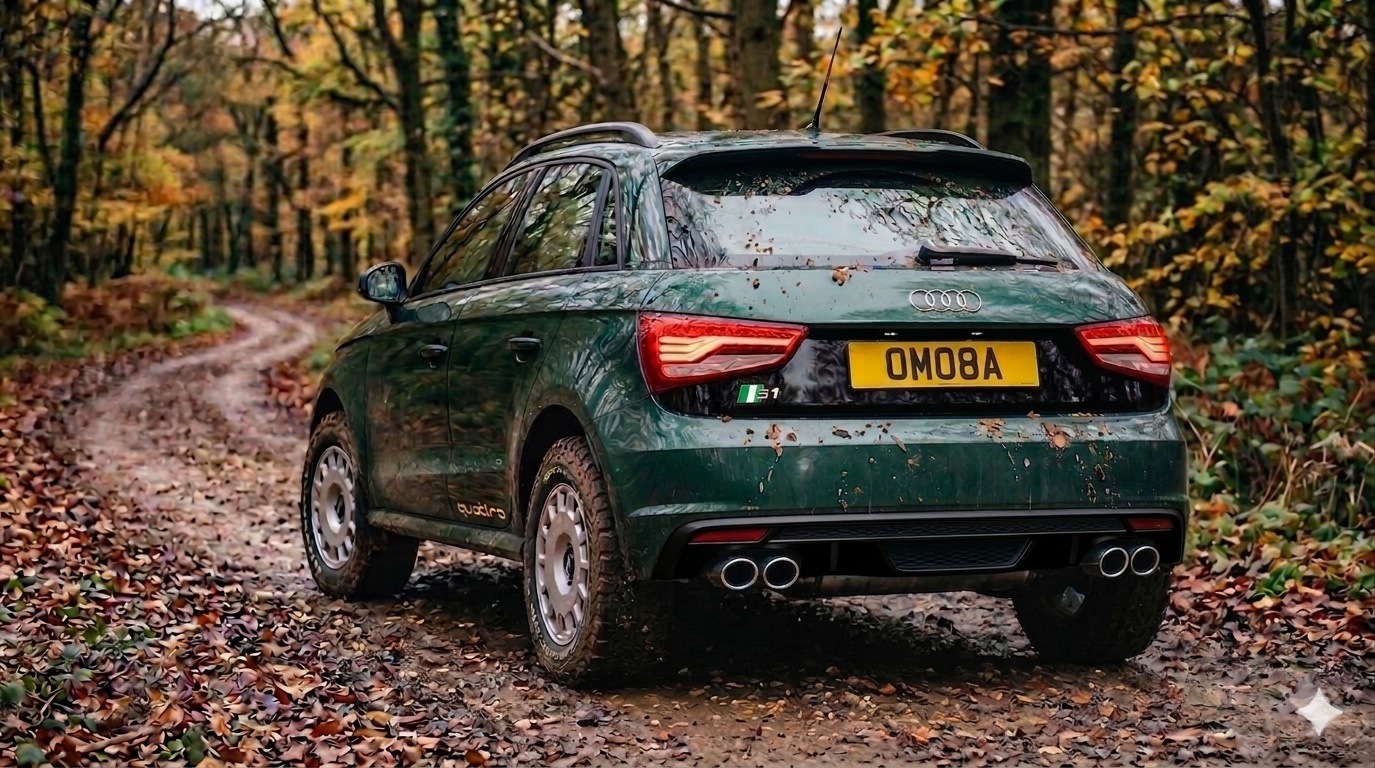 Green Audi S1 Safari on an autumn woodland track
